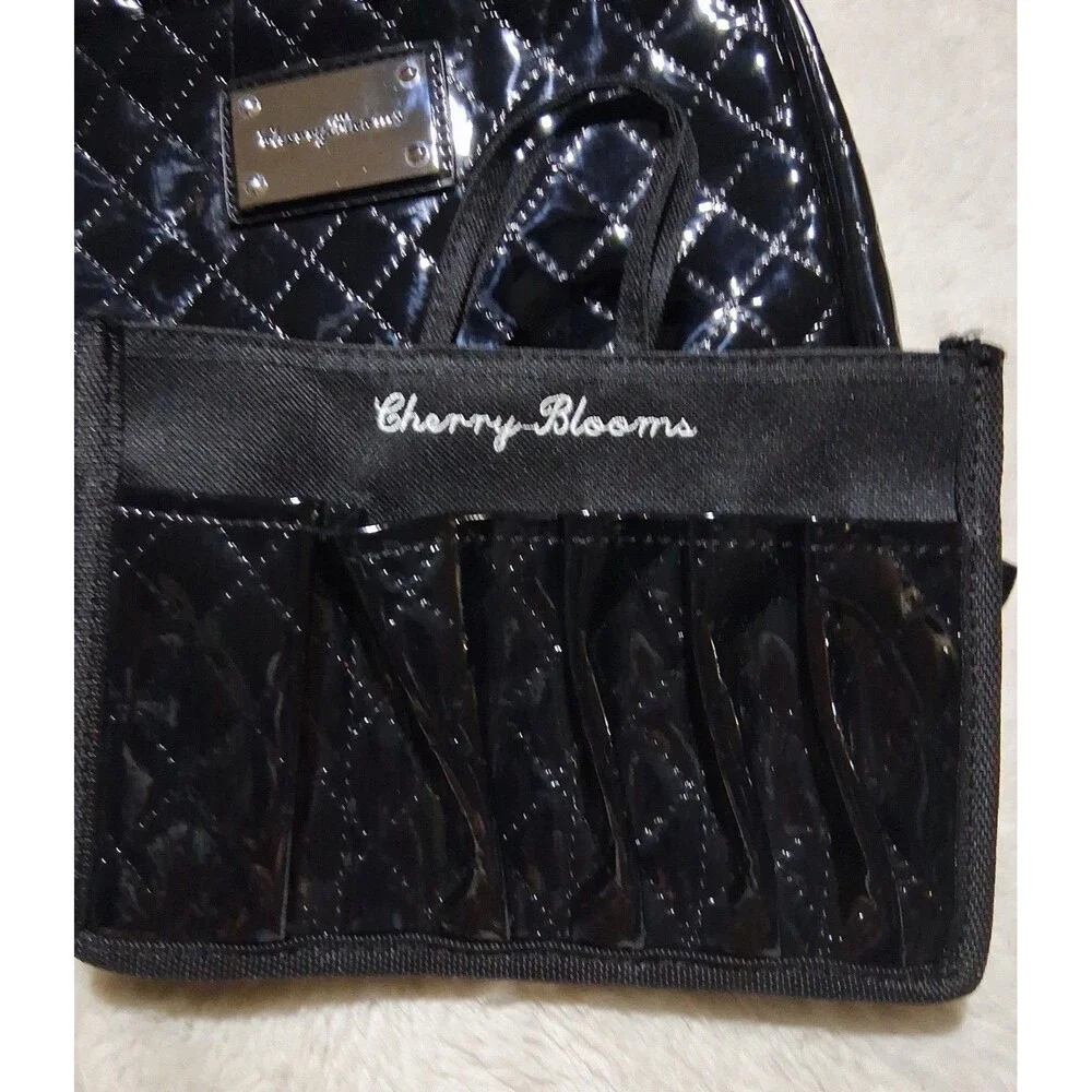 Cherry Blooms Black Soft Leather Quilted Cosmetic Bag + Organizer